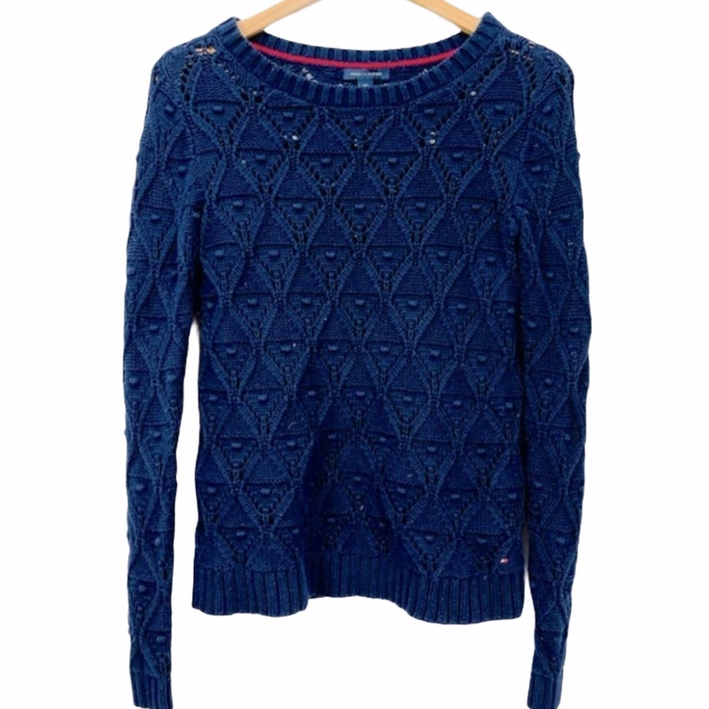 Tommy Hilfiger Navy Blue Diamond Pom Pom Open Knit Crewneck Sweater